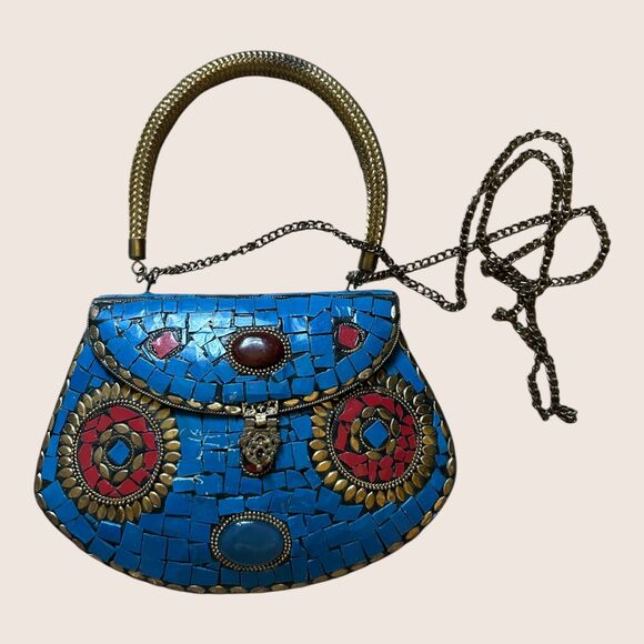 💙 VTG HIMALAYAN TIBETAN HANDMADE MOSAIC CLUTCH DETACHABLE SHOULDER CHAIN BLUE - Picture 3 of 11